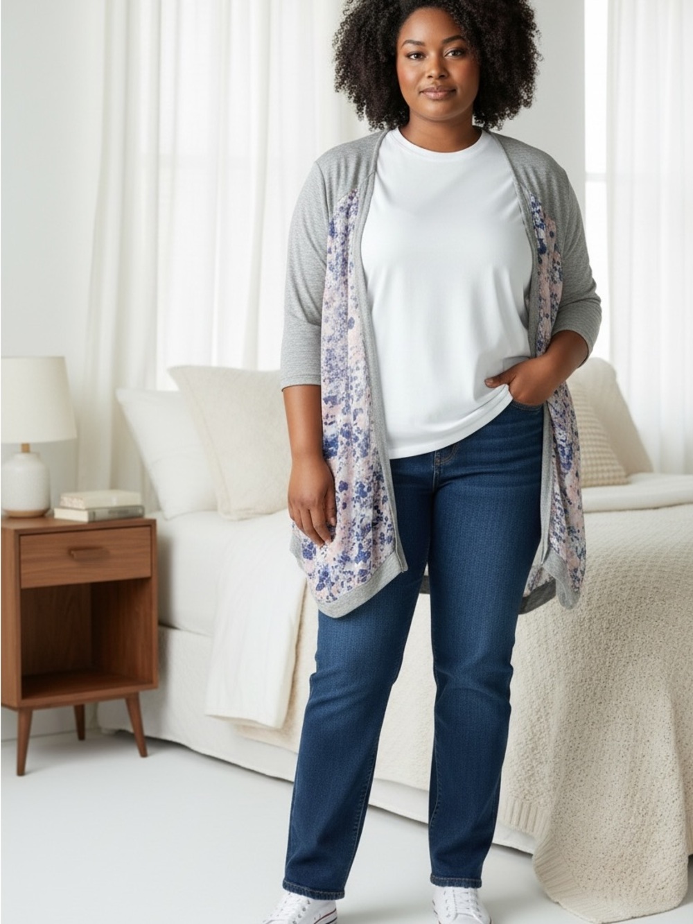 Lane Bryant Gray Floral Trim Open Cardigan